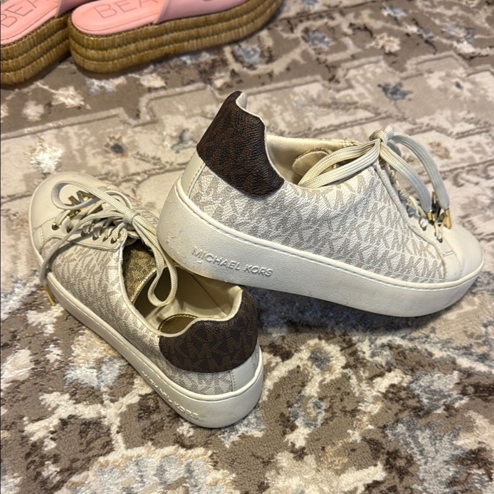 Michael Kors Cream and Brown Sneakers with Knit Texture